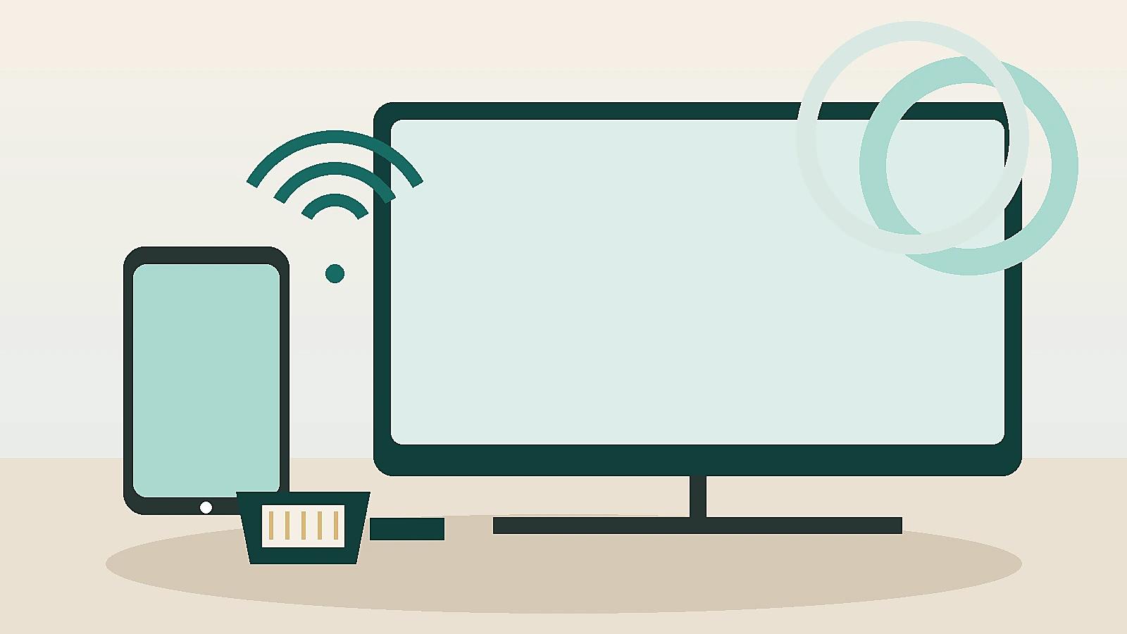 تصویر مفهومی یک تلویزیون عمومی بدون نشان کنار گوشی، نماد شبکه بیسیم و کابل HDMI در فضای خانه